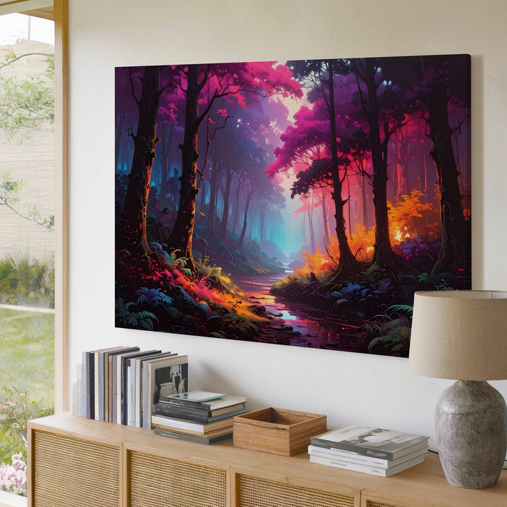Magical Neon Forest Canvas – Vibrant Fantasy Path and Glowing Trees - Gifitto
