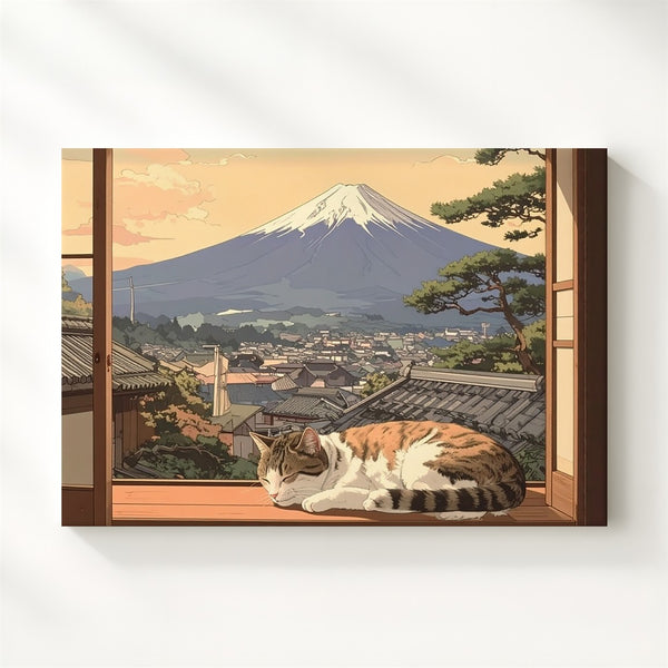 Mount Fuji & Sleeping Cat Canvas – Cozy Japanese Shoji View Wall Art - Gifitto
