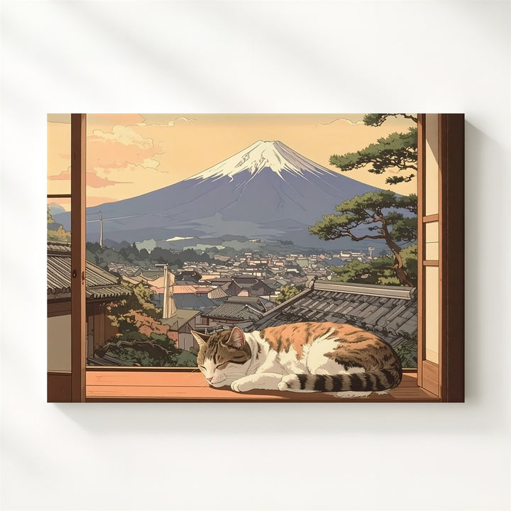 Mount Fuji & Sleeping Cat Canvas – Cozy Japanese Shoji View Wall Art - Gifitto