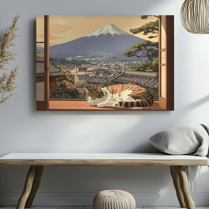 Mount Fuji & Sleeping Cat Canvas – Cozy Japanese Shoji View Wall Art - Gifitto