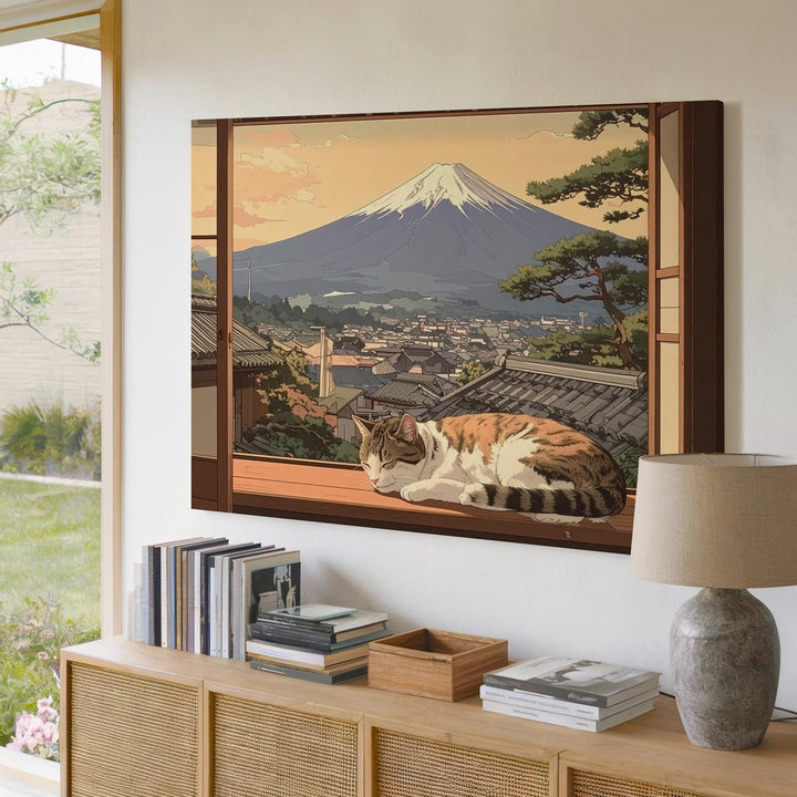 Mount Fuji & Sleeping Cat Canvas – Cozy Japanese Shoji View Wall Art - Gifitto