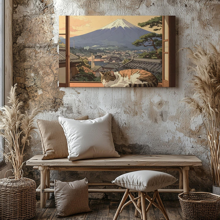 Mount Fuji & Sleeping Cat Canvas – Cozy Japanese Shoji View Wall Art - Gifitto