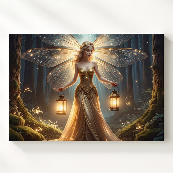 Luminous Fairy in Enchanted Forest Canvas – Glowing Lantern and Dragonfly Wings - Gifitto