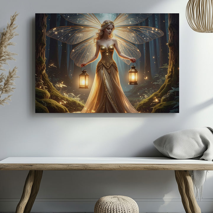 Luminous Fairy in Enchanted Forest Canvas – Glowing Lantern and Dragonfly Wings - Gifitto