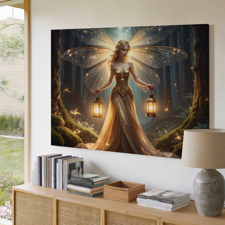 Luminous Fairy in Enchanted Forest Canvas – Glowing Lantern and Dragonfly Wings - Gifitto