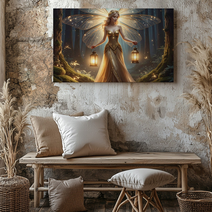 Luminous Fairy in Enchanted Forest Canvas – Glowing Lantern and Dragonfly Wings - Gifitto