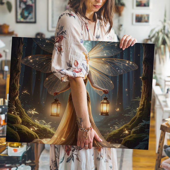 Luminous Fairy in Enchanted Forest Canvas – Glowing Lantern and Dragonfly Wings - Gifitto
