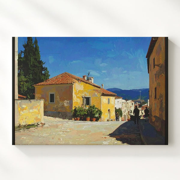 Mediterranean Village Canvas – Classic Oil Painting of Yellow House & Cobblestone Street - Gifitto
