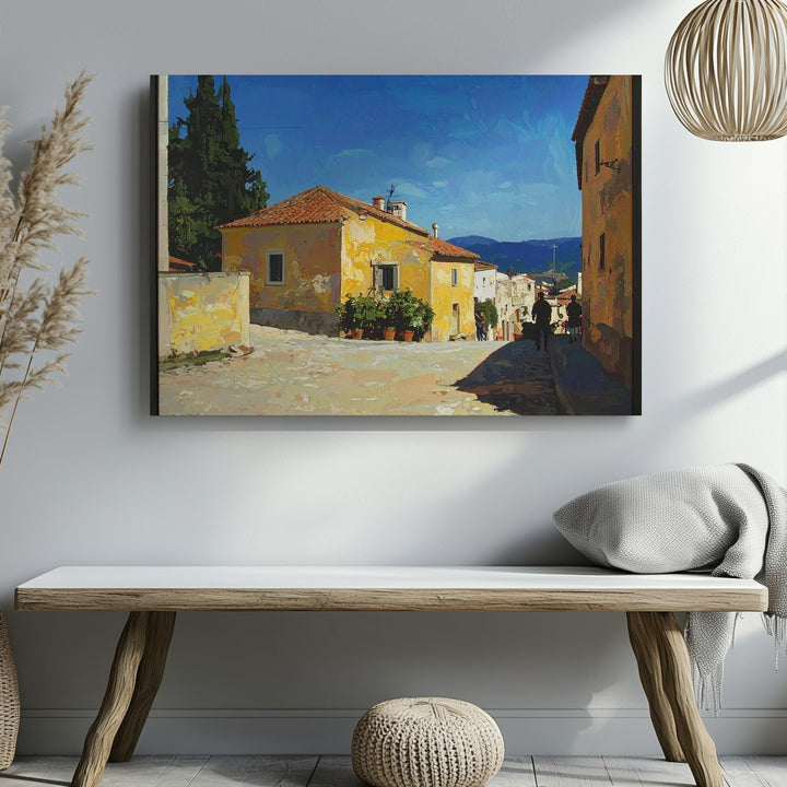 Mediterranean Village Canvas – Classic Oil Painting of Yellow House & Cobblestone Street - Gifitto