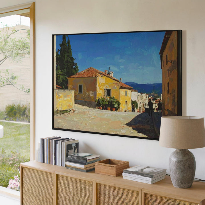Mediterranean Village Canvas – Classic Oil Painting of Yellow House & Cobblestone Street - Gifitto