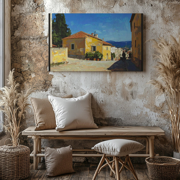 Mediterranean Village Canvas – Classic Oil Painting of Yellow House & Cobblestone Street - Gifitto