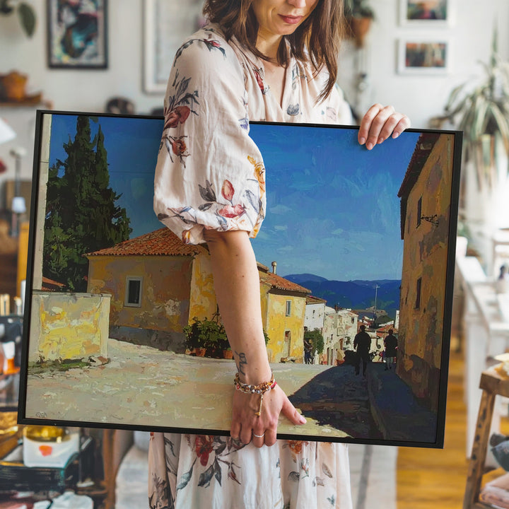 Mediterranean Village Canvas – Classic Oil Painting of Yellow House & Cobblestone Street - Gifitto