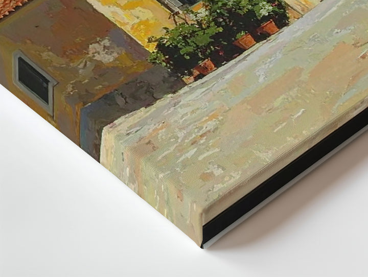 Mediterranean Village Canvas – Classic Oil Painting of Yellow House & Cobblestone Street - Gifitto