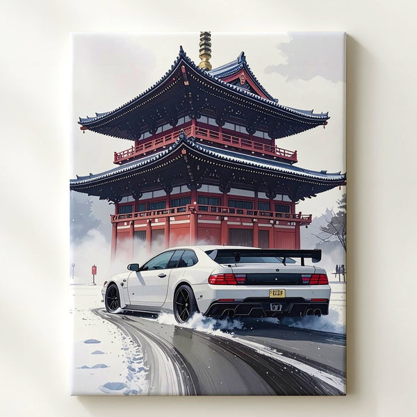 White Nissan GT-R Drifting Canvas – Japanese Pagoda Urban Drift Wall Art - Gifitto
