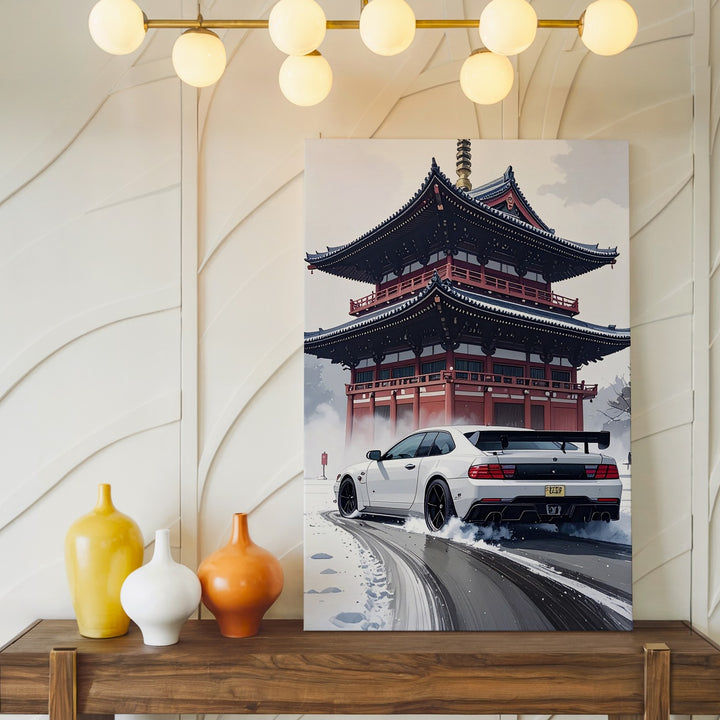 White Nissan GT-R Drifting Canvas – Japanese Pagoda Urban Drift Wall Art - Gifitto