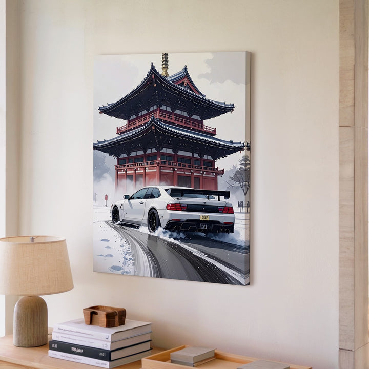 White Nissan GT-R Drifting Canvas – Japanese Pagoda Urban Drift Wall Art - Gifitto