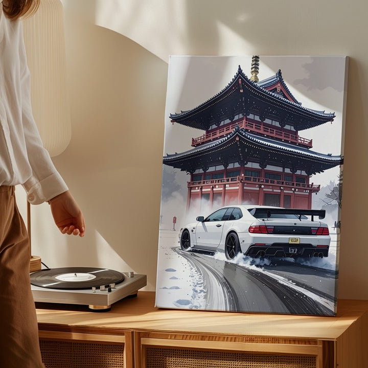White Nissan GT-R Drifting Canvas – Japanese Pagoda Urban Drift Wall Art - Gifitto