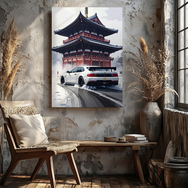White Nissan GT-R Drifting Canvas – Japanese Pagoda Urban Drift Wall Art - Gifitto
