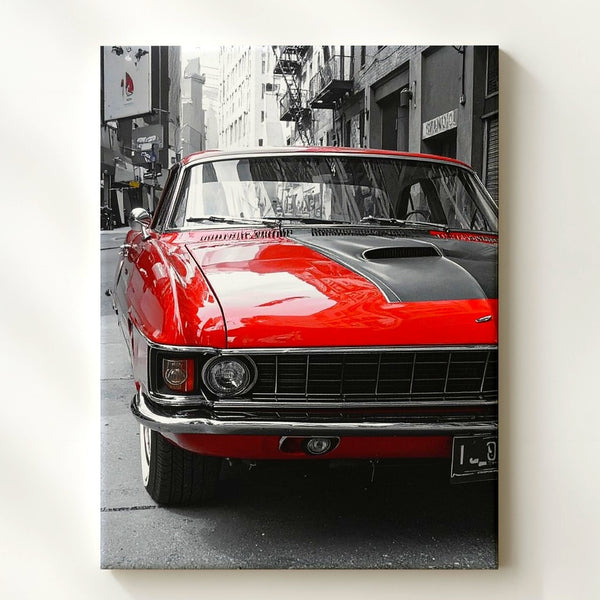 Red Ford Mustang Front View Canvas – Classic Muscle Car Urban Reflection Wall Art - Gifitto