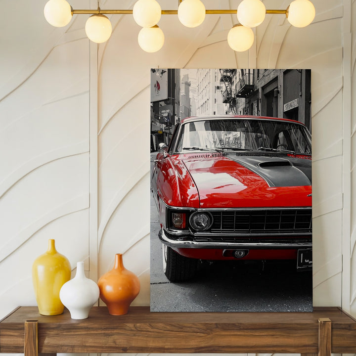 Red Ford Mustang Front View Canvas – Classic Muscle Car Urban Reflection Wall Art - Gifitto