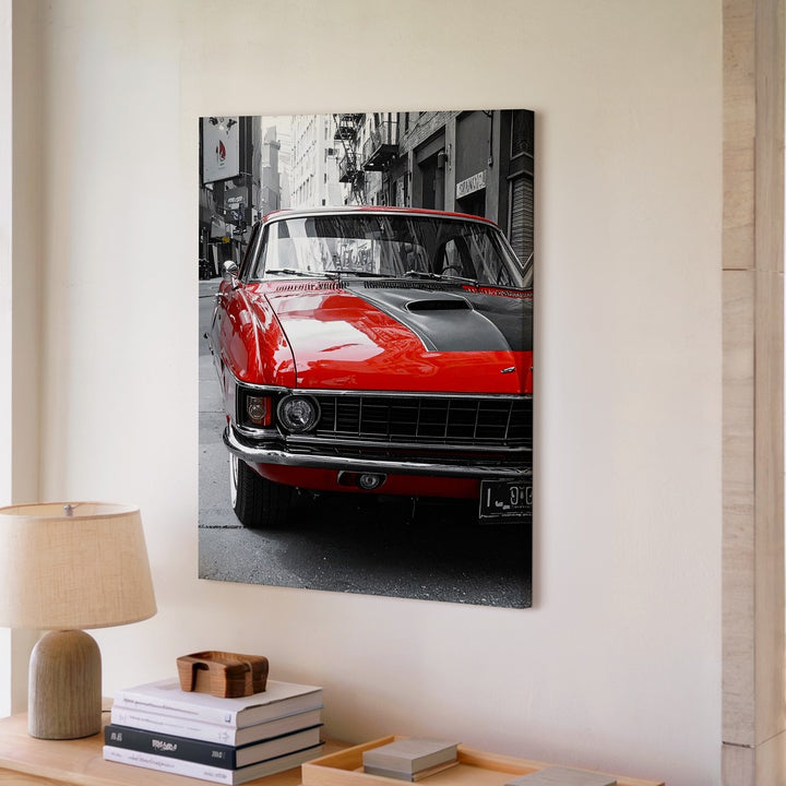 Red Ford Mustang Front View Canvas – Classic Muscle Car Urban Reflection Wall Art - Gifitto