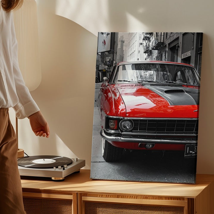 Red Ford Mustang Front View Canvas – Classic Muscle Car Urban Reflection Wall Art - Gifitto