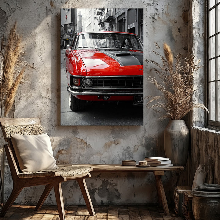 Red Ford Mustang Front View Canvas – Classic Muscle Car Urban Reflection Wall Art - Gifitto