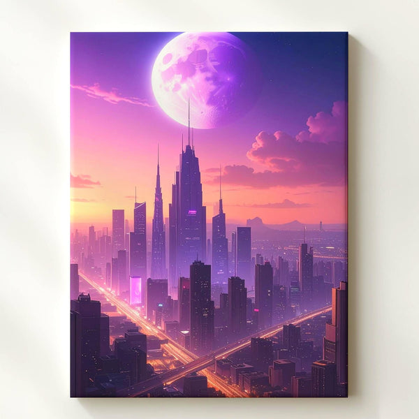 Futuristic Cityscape Canvas – Glowing Skyscrapers Under a Purple Planet - Gifitto