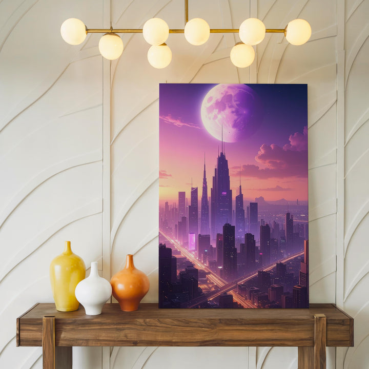 Futuristic Cityscape Canvas – Glowing Skyscrapers Under a Purple Planet - Gifitto