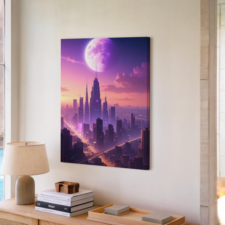 Futuristic Cityscape Canvas – Glowing Skyscrapers Under a Purple Planet - Gifitto