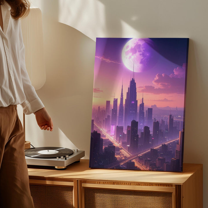 Futuristic Cityscape Canvas – Glowing Skyscrapers Under a Purple Planet - Gifitto