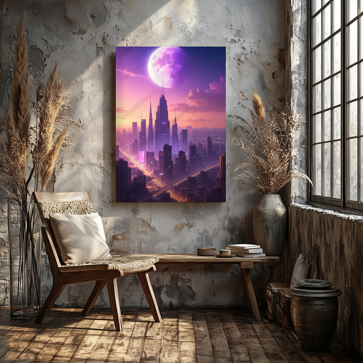 Futuristic Cityscape Canvas – Glowing Skyscrapers Under a Purple Planet - Gifitto