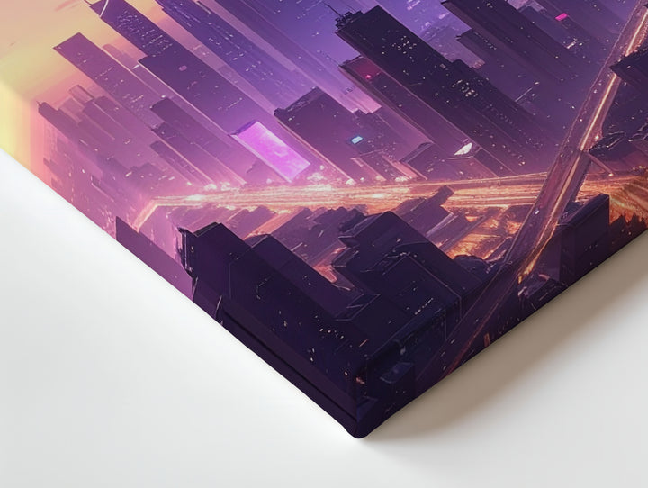 Futuristic Cityscape Canvas – Glowing Skyscrapers Under a Purple Planet - Gifitto