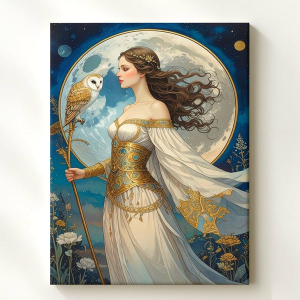 Moonlit Wisdom Canvas – Art Nouveau Goddess with Owl Wall Art - Gifitto