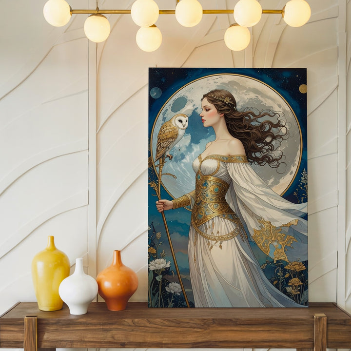 Moonlit Wisdom Canvas – Art Nouveau Goddess with Owl Wall Art - Gifitto