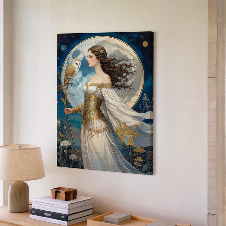 Moonlit Wisdom Canvas – Art Nouveau Goddess with Owl Wall Art - Gifitto