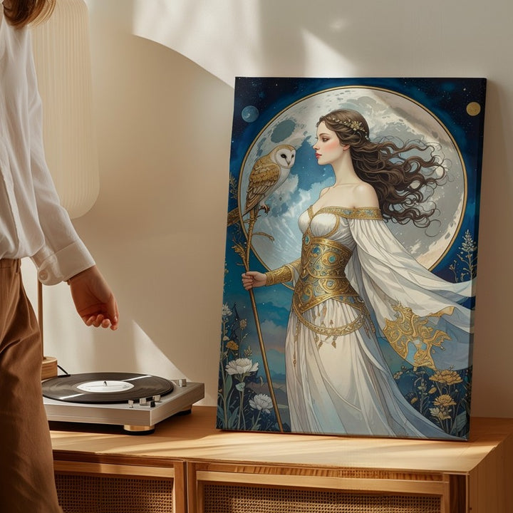 Moonlit Wisdom Canvas – Art Nouveau Goddess with Owl Wall Art - Gifitto