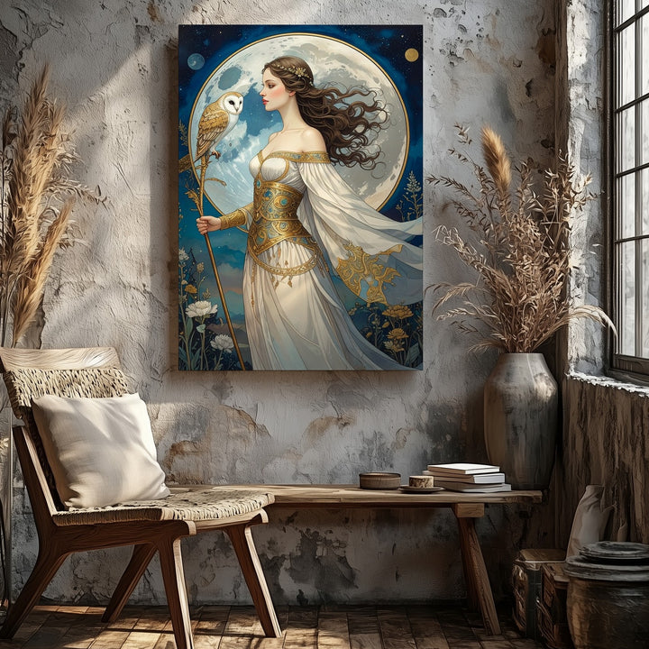 Moonlit Wisdom Canvas – Art Nouveau Goddess with Owl Wall Art - Gifitto