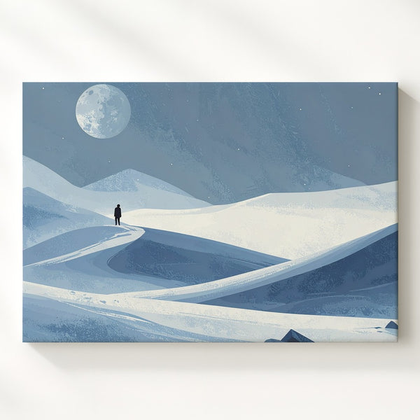 Minimalist Winter Landscape Canvas – Lone Figure Under Oversized Moon - Gifitto