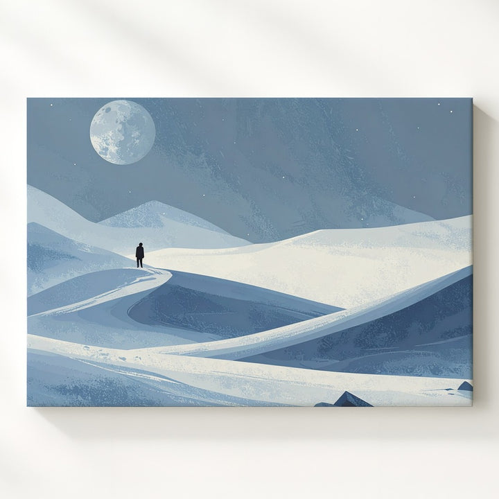 Minimalist Winter Landscape Canvas – Lone Figure Under Oversized Moon - Gifitto