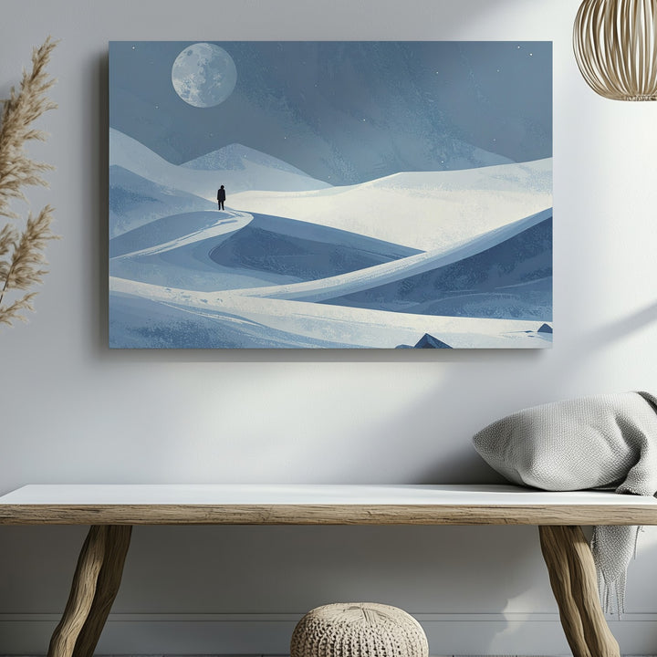 Minimalist Winter Landscape Canvas – Lone Figure Under Oversized Moon - Gifitto