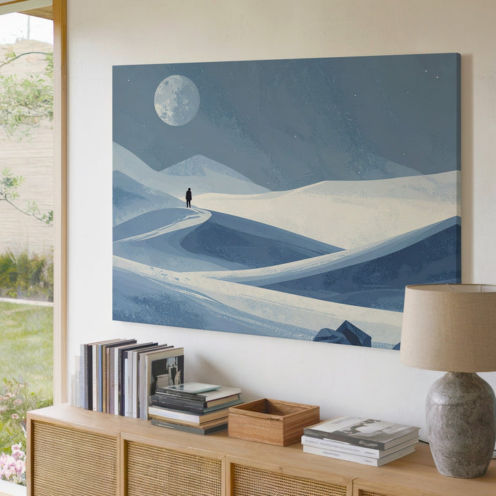 Minimalist Winter Landscape Canvas – Lone Figure Under Oversized Moon - Gifitto