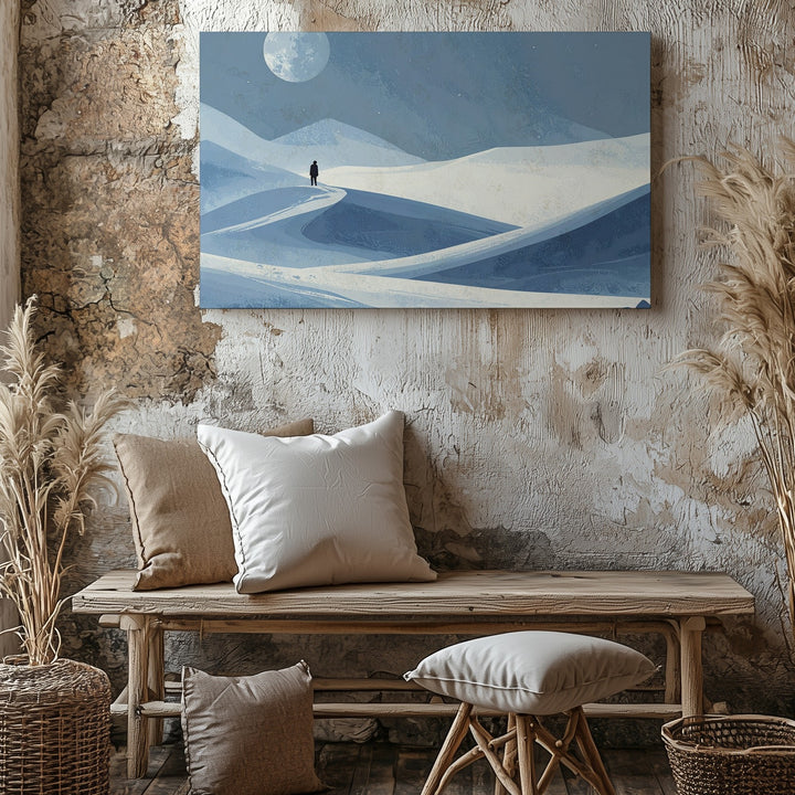 Minimalist Winter Landscape Canvas – Lone Figure Under Oversized Moon - Gifitto