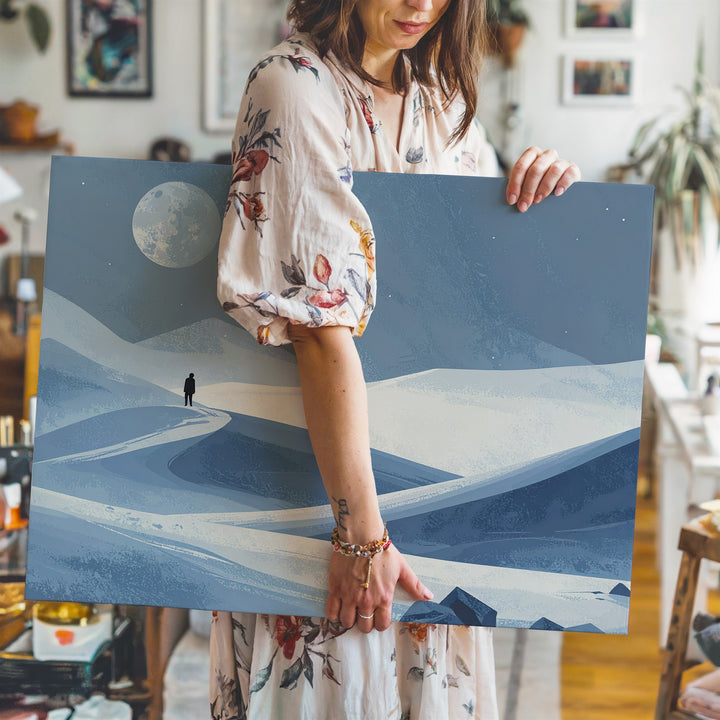 Minimalist Winter Landscape Canvas – Lone Figure Under Oversized Moon - Gifitto