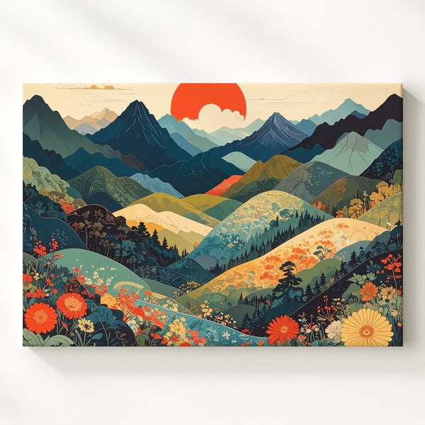 Japanese-Inspired Landscape Canvas – Stylized Hills and Vibrant Red Sun - Gifitto