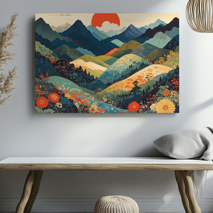 Japanese-Inspired Landscape Canvas – Stylized Hills and Vibrant Red Sun - Gifitto