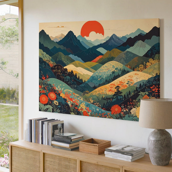 Japanese-Inspired Landscape Canvas – Stylized Hills and Vibrant Red Sun - Gifitto