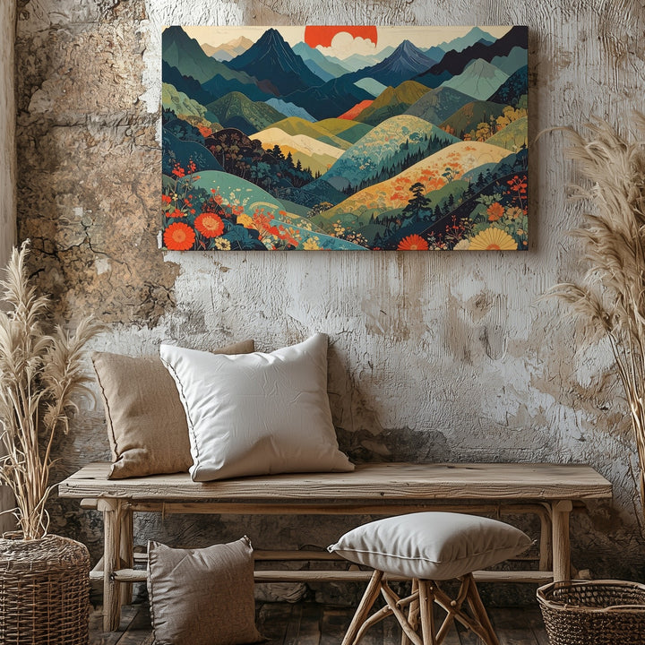 Japanese-Inspired Landscape Canvas – Stylized Hills and Vibrant Red Sun - Gifitto