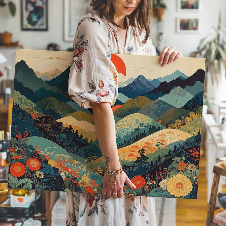 Japanese-Inspired Landscape Canvas – Stylized Hills and Vibrant Red Sun - Gifitto