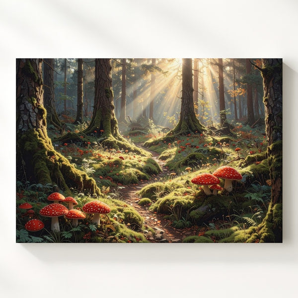 Enchanted Forest Path Canvas – Golden Sunlight and Red Mushrooms - Gifitto